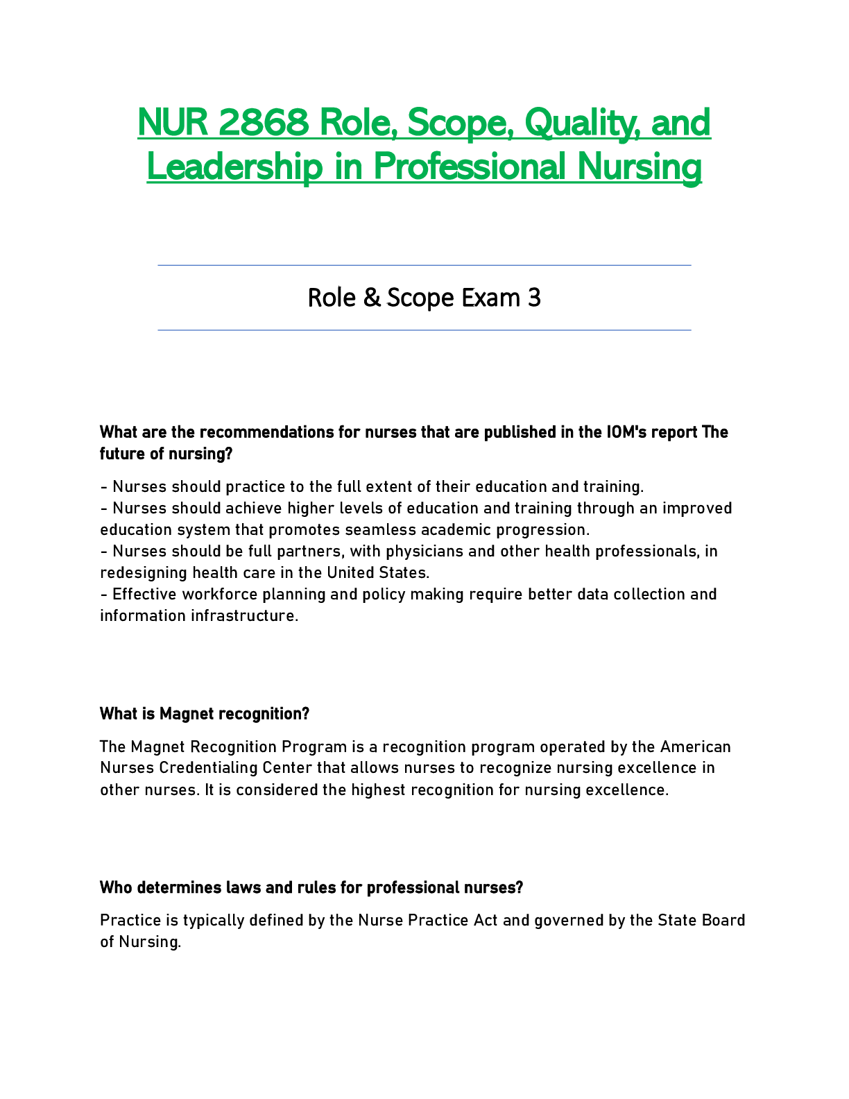 Preview image for NUR 2868 / NUR2868 Exam 3  : Role, Scope, Quality & Leadership in Professional Nursing - Rasmussen